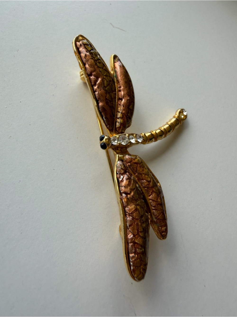 Gold & Copper Dragonfly Brooch with Crystal Accents - Picture 5 of 8